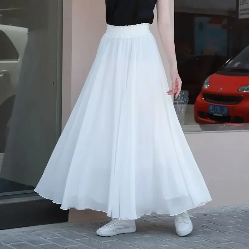 New Summer Chiffon Skirts Plus Size Full-Length Skirt High Waist Elegant Dance Skirt Pink Black Red Royal Blue White Long Skirts