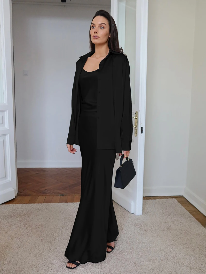 Marthaqiqi Autumn Women Nightwear Suit Long Sleeve Robe Turn-Down Collar Pajama Spaghetti Strap Ankle-Length Dress Sleepwear Set