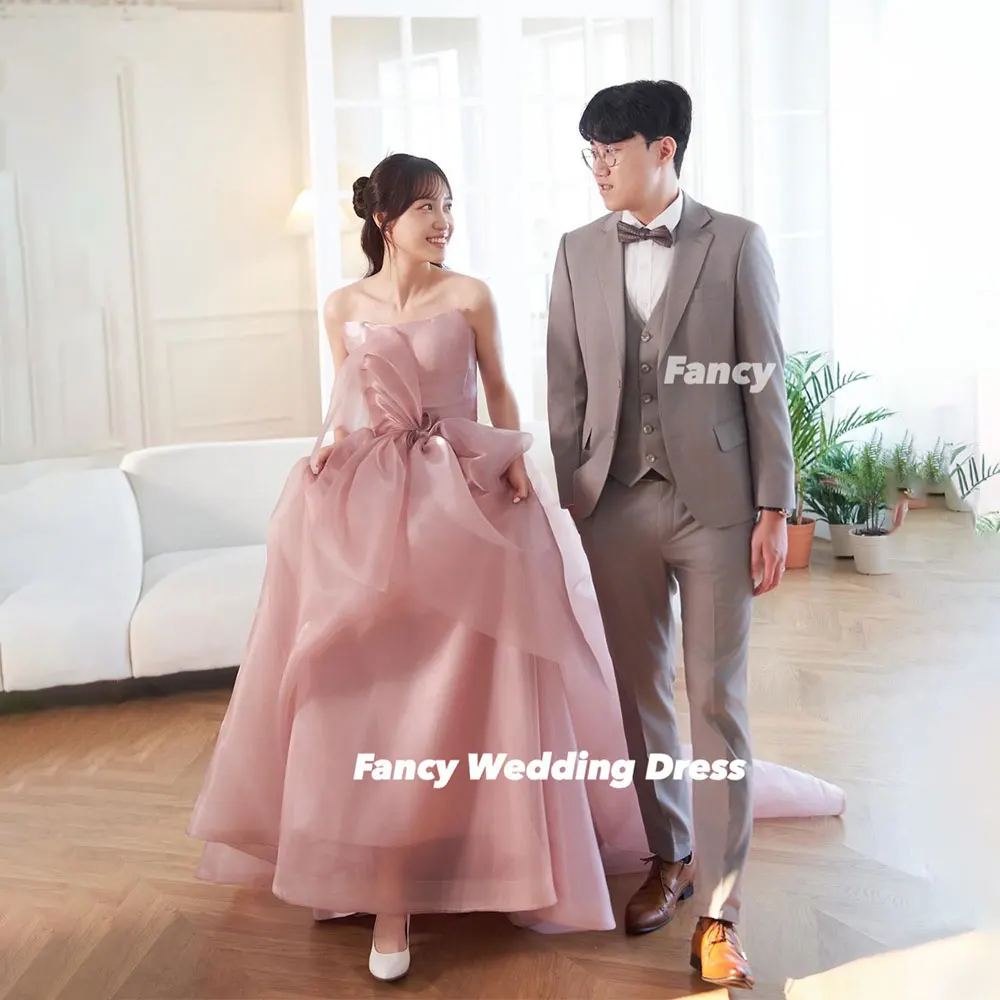 Fancy Princess Korea Pink Organza Wedding Dress Photography A Line Sleeveless Pleats Bridal Gown Back Corset Customized