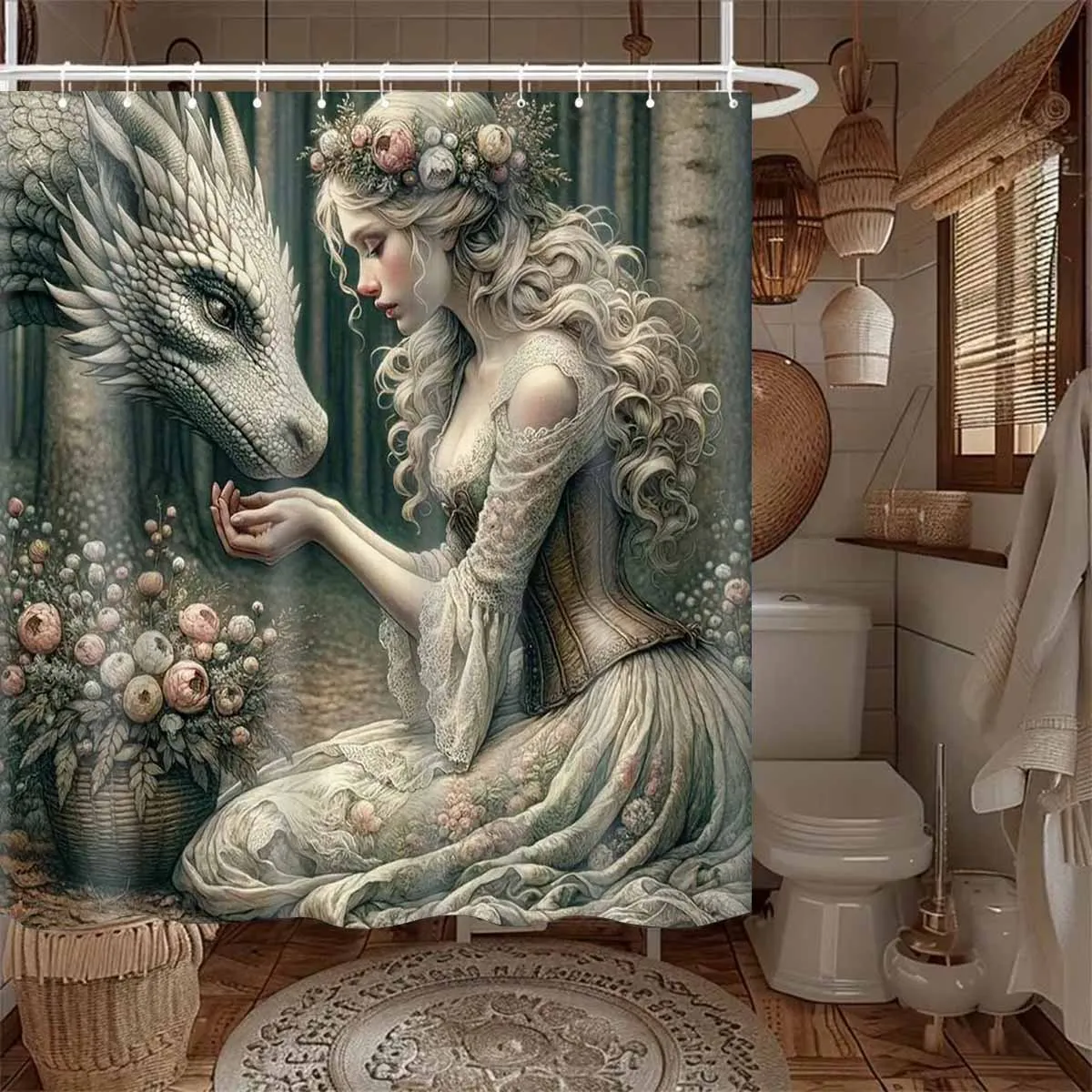 Enchanted Forest Princess and Dragon Waterproof Shower Curtain for Bathroom Decor, Unique Art Design, Vibrant Colors