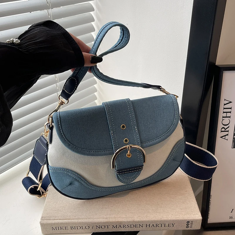 

Retro Contrasting Color Denim Bag Shoulder Bag Fashion Women's Handbags Casual Versatile Designer Hobo Underarm Messenger Bag
