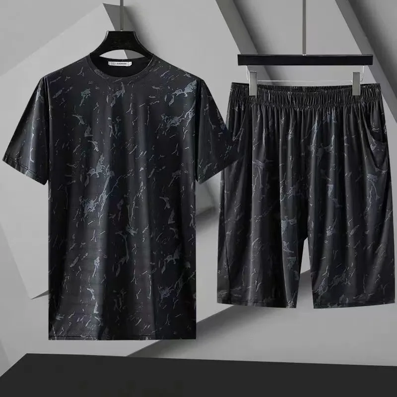 Summer Plus Size Loose Casual Suit Men Ice Shreds Net Yarn Breathable Short Sleeved T-shirt Elastic Waist Shorts Two Piece Set