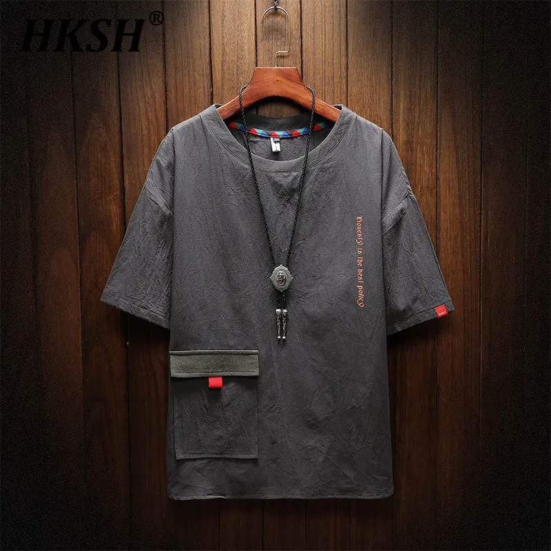 

HKSH Summer Short Sleeve T-shirt Men's Tide Linen Cotton T-shirts Ice Silk Summer New Safari Style Large Size Trend Tees HK1955