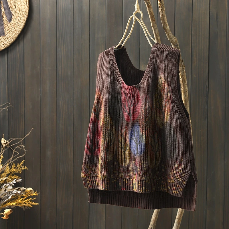 سترة محبوكة بطباعة فنية عتيقة للنساء، ملابس خارجية فضفاضة متعددة الطبقات بدون أكمام مع وسادات للكتف، تصميم عصري برقبة مستديرة...