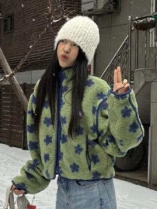 Retro Sweet Color Blo Flower Print Fluffy Zipper Cotton Jaet Women's Winter Loose Long Sve Warm Cotton Outerwear