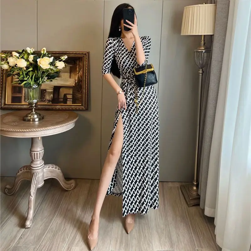 Elegant Fashion Harajuku Slim Fit Female Clothes Loose Casual All Match A-line Skirt High Waist Three Quarter Sleeve Dresses