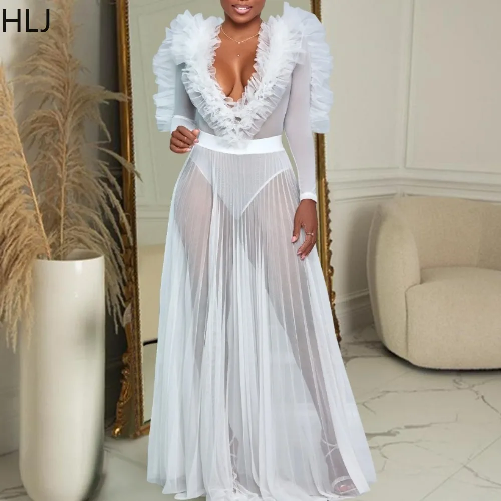 

HLJ Fashion Mesh Ruffle Perspective A-line Party Club Long Dresses 2024 Women V Neck Long Sleeve Slim Vestidos Female Clothing