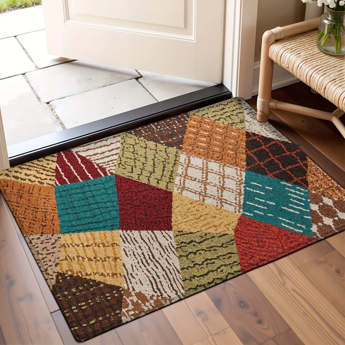 VIKAMA Entrance Floor Mat Bohemian Retro Patchwork Geometric Spliced Pattern Anti‑Slip Washable Doormat Entryway Home Decor Rug