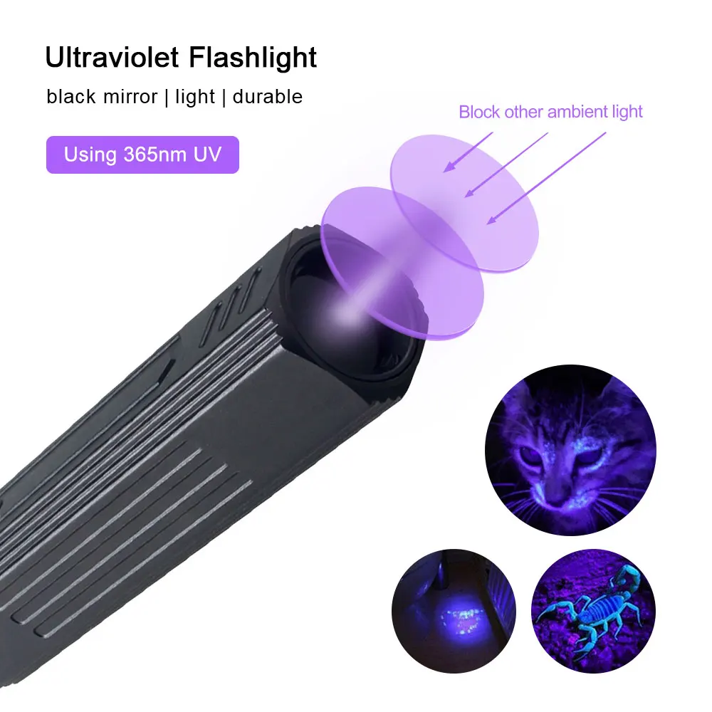 VASTFIRE UV 365NM Lamp Ultraviolet Blacklight USB Rechargeable Purple Flashlight Pet Urine Stains Detector Cat Moss Tinea Light