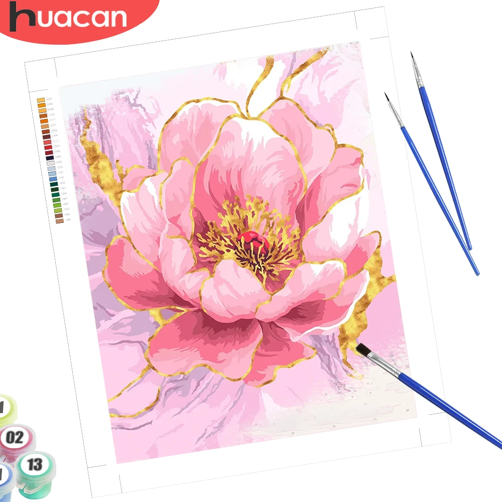 HUACAN Malen nach Zahlen für Erwachsene, Pfingstrosen-Blume, rosa Bilder, Ölfarbe, Blumen-Heimdekoration, handgemalte Kits, Kunst, bunte Leinwand