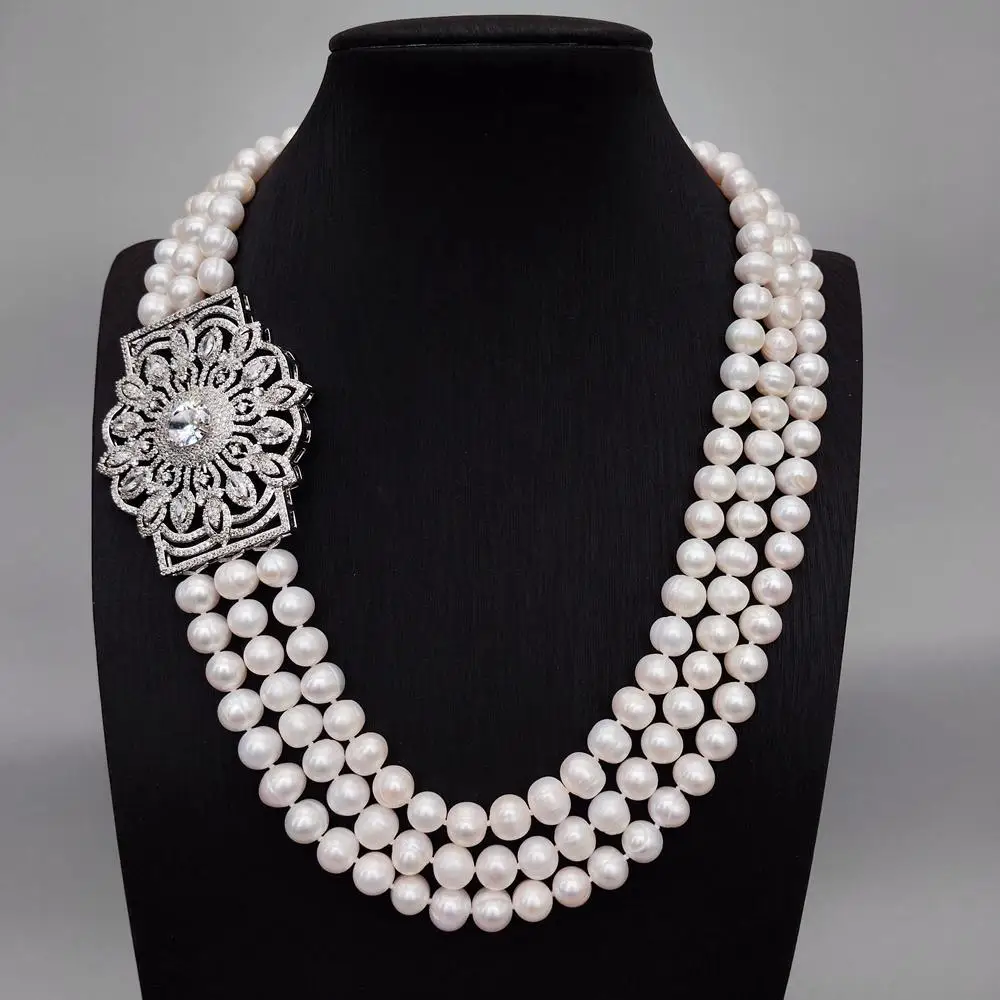 

Y·YING 3 Rows Freshwater Cultured White Pearl Chokers Necklace Big Cz Pave Pendant Wedding Jewelry