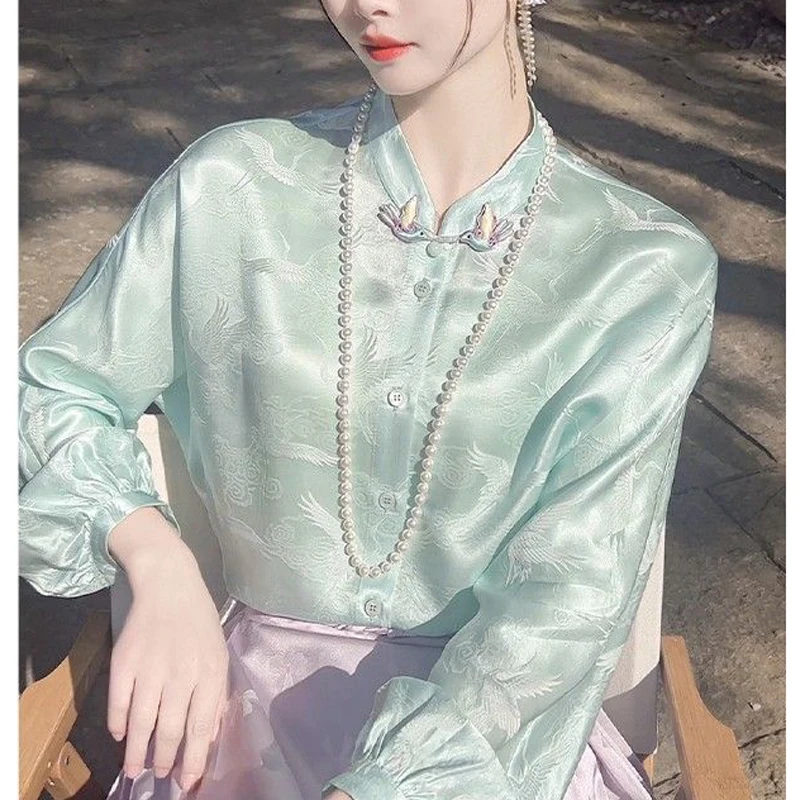 

Женская одежда в китайском стиле, винтажная роскошная шикарная рубашка, элегантная милая блузка с воротником-стойкой, весенние свободные сказочные топы с длинными рукавами