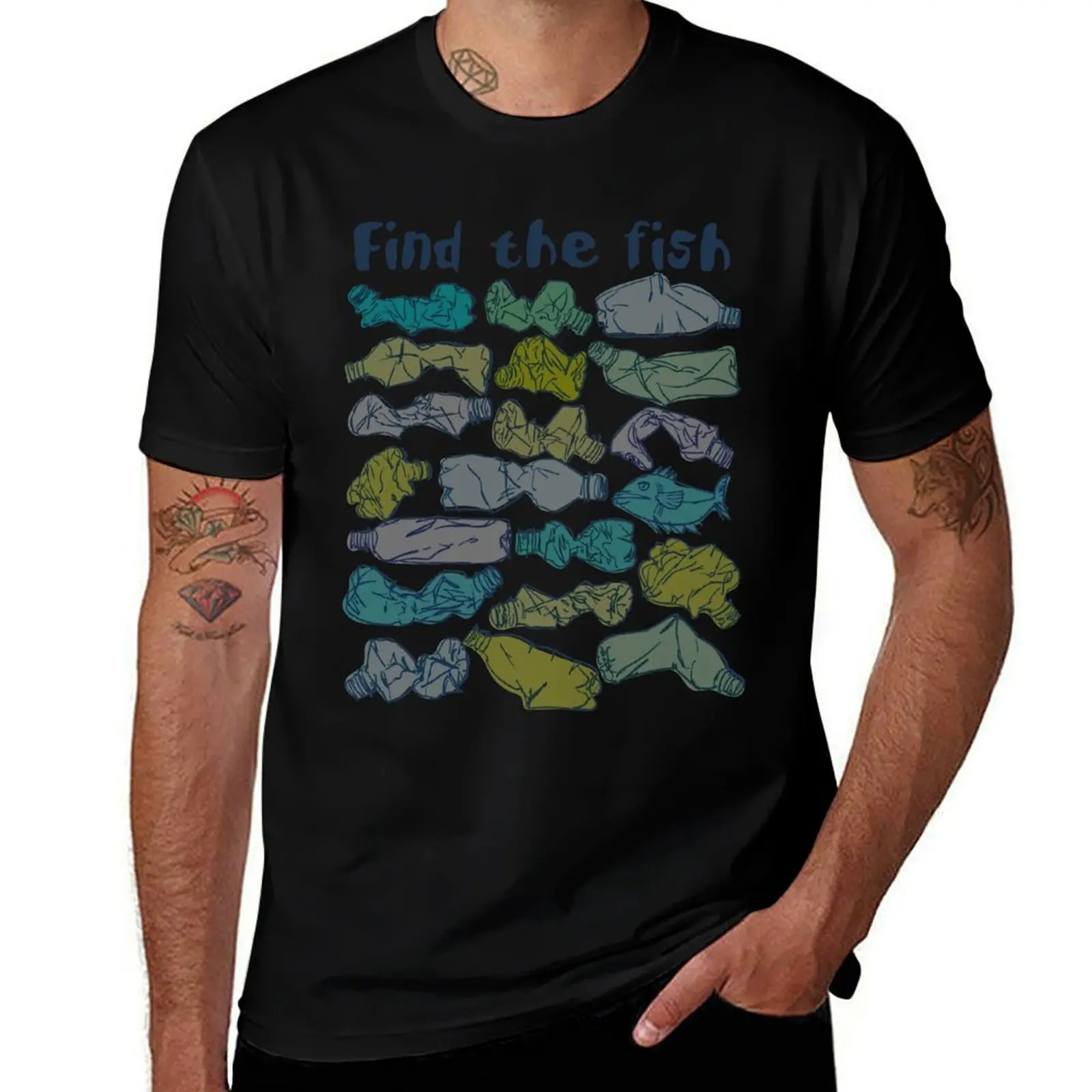 Find the fish and save the ocean from plastic pollution T-Shirt Abstract Pattern Print Top T-Shirt