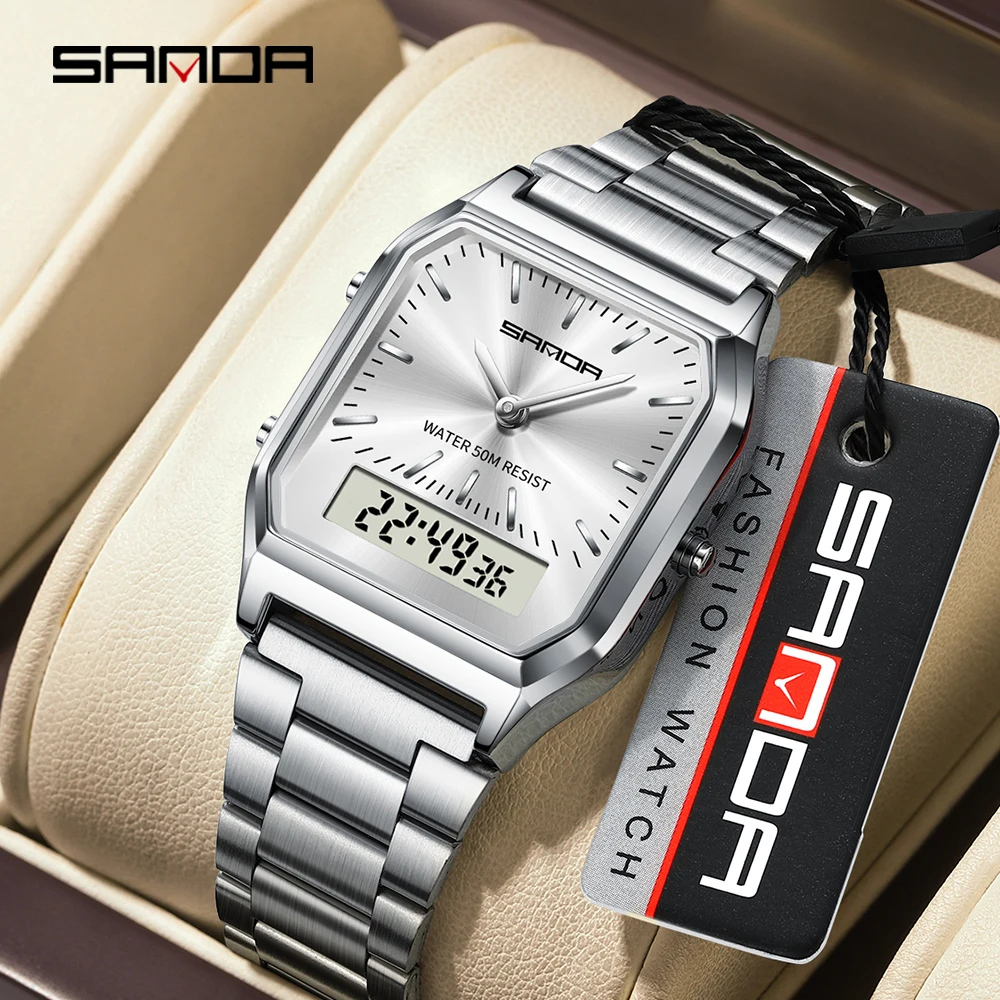 SANDA 747 Dual Display Clock Unisex Waterproof Sports Quartz Watch Luxury Mens Style Watches Stainless Steel Women LED Digital