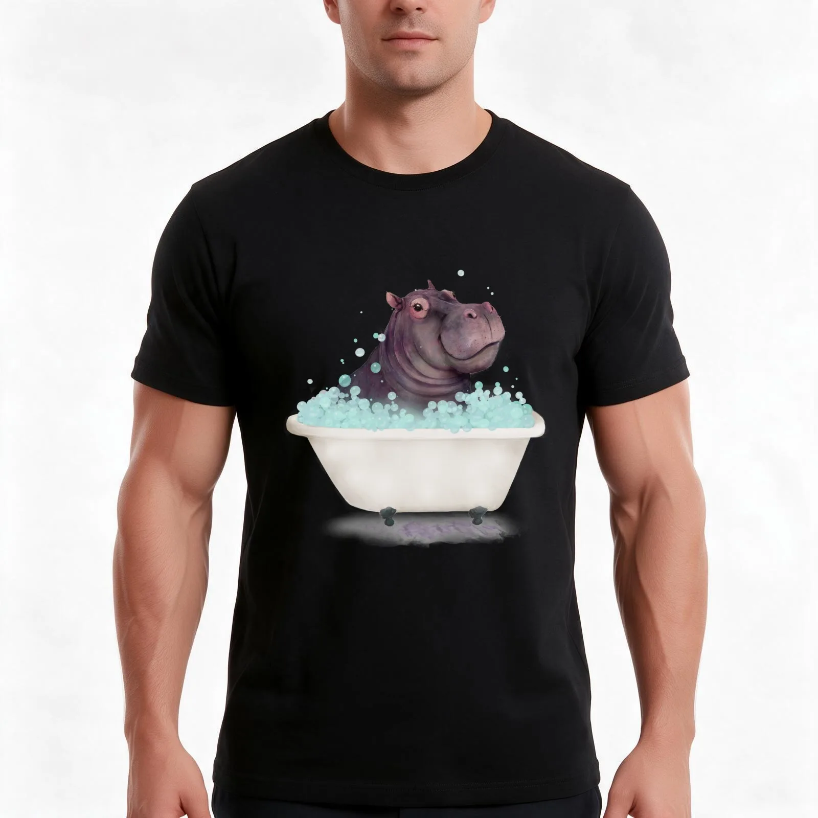 Hippo in the Bathtub T-Shirt, Summer Casual Cotton Tee, Oversized Streetwear Tops, Vintage Graphic Print, Loose Fit Short Sleeve