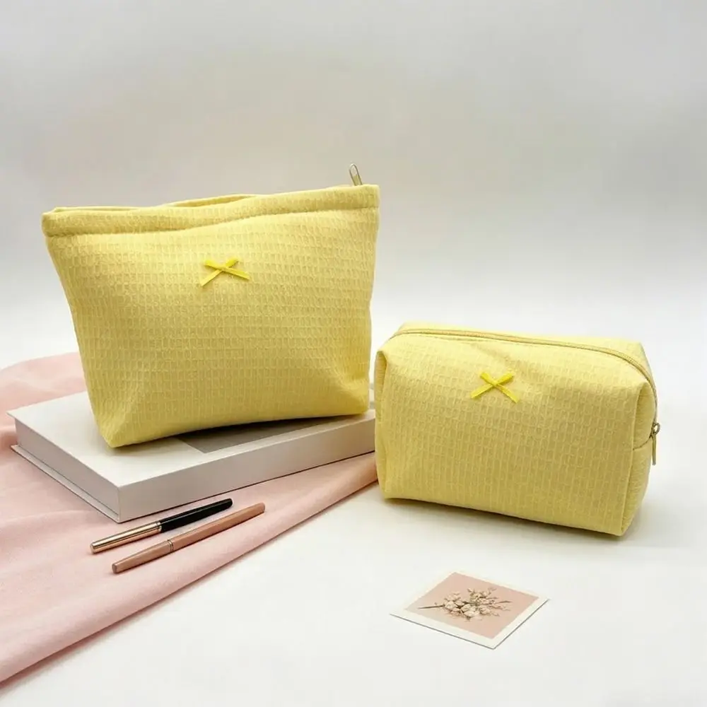 1pc Cute Waffle Knit Makeup Bag Bow Large Capacity Cosmetic Bag Makeup Pouch Women Girls