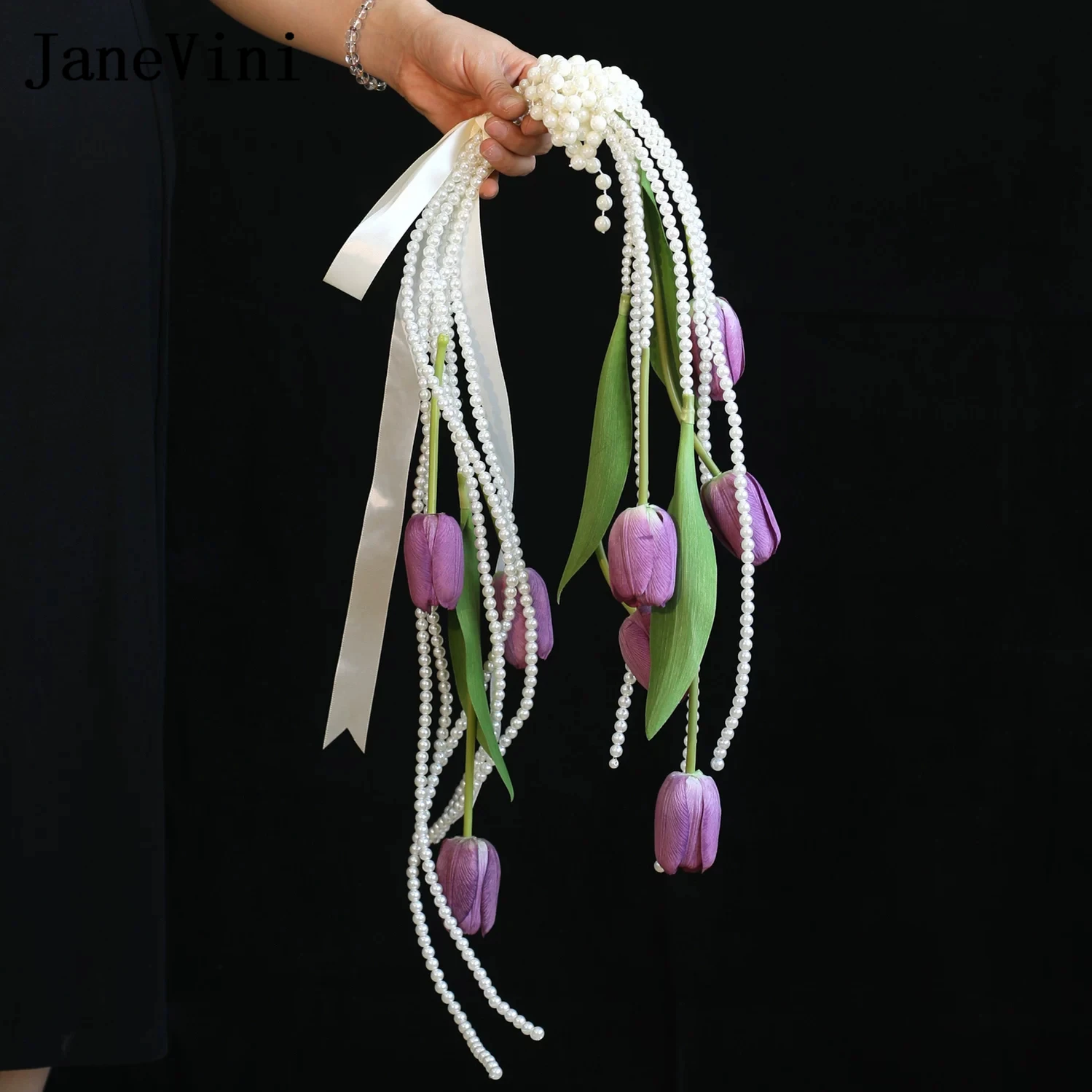 

Свадебные букеты JaneVini Spring Purple Tulip с жемчугом Real Touch, ручной работы, розовые и белые свадебные цветы, аксессуары для невесты