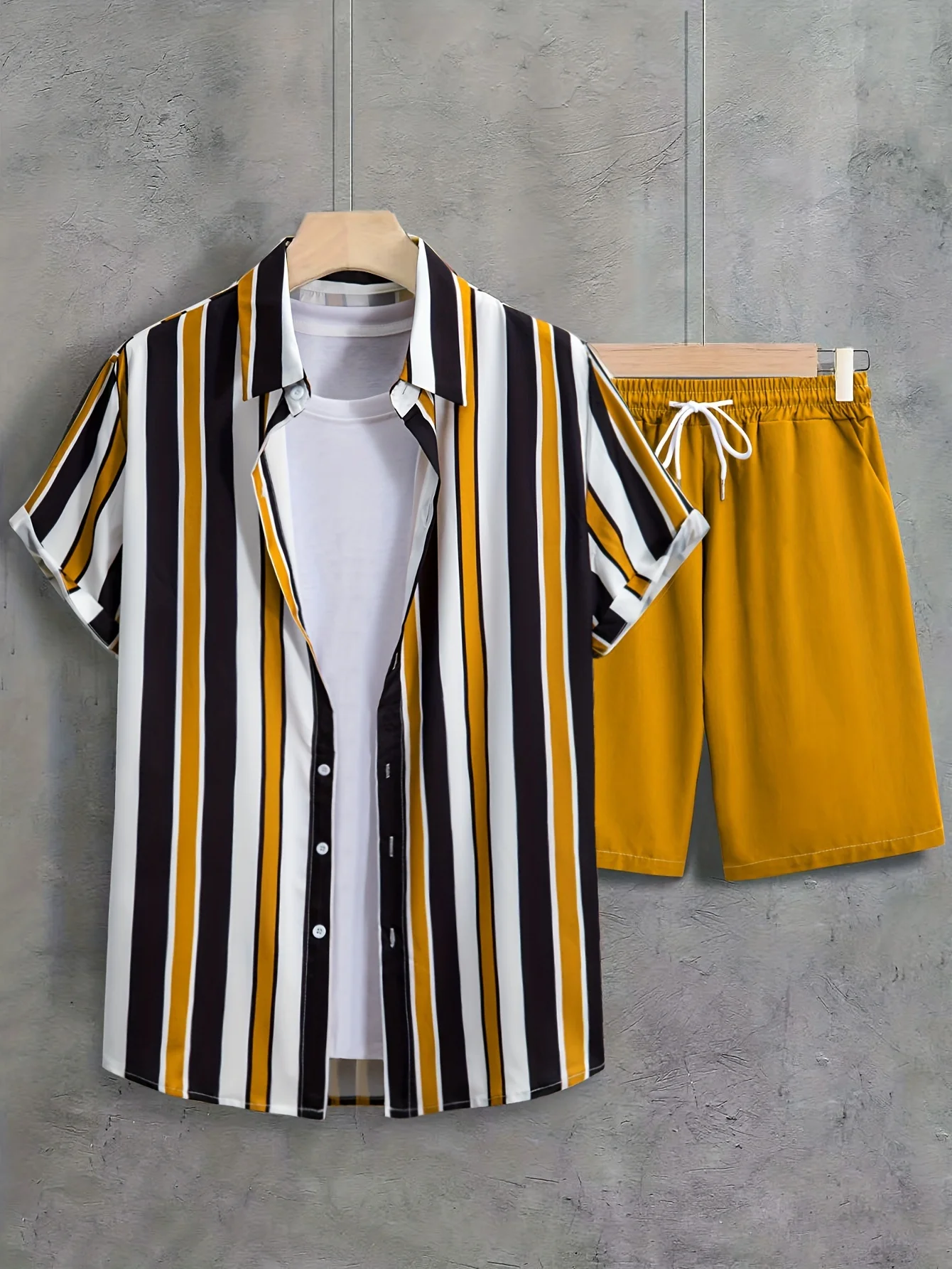 

Изысканный полосатый принт, мужская рубашка с короткими рукавами и пляжные шорты, летние повседневные мужские шорты с короткими рукавами для занятий спортом на открытом воздухе