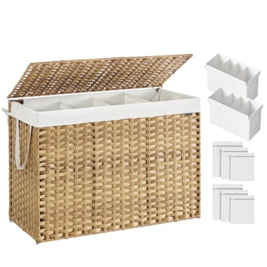 

aundry Hamper with id Cothes Hamper with 2 Removabe iner Bags 6 Mesh Bags Wicker Laundry Basket Double Laundry Hamper for Bathr