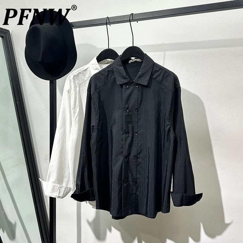 PFNW Darkwear Simple Double-breasted Longsleeve Shirt  Niche Trend Striped Spring Men's 2025 New Shirt loose white Top 12C2063