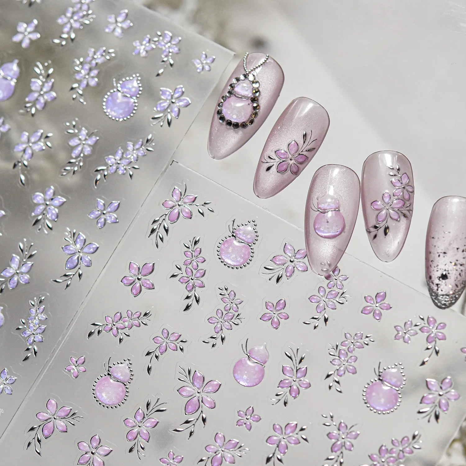 

Ice transparent light luxury style relief purple flowers purple gourd pattern nail stickers flowers design nail art decoration