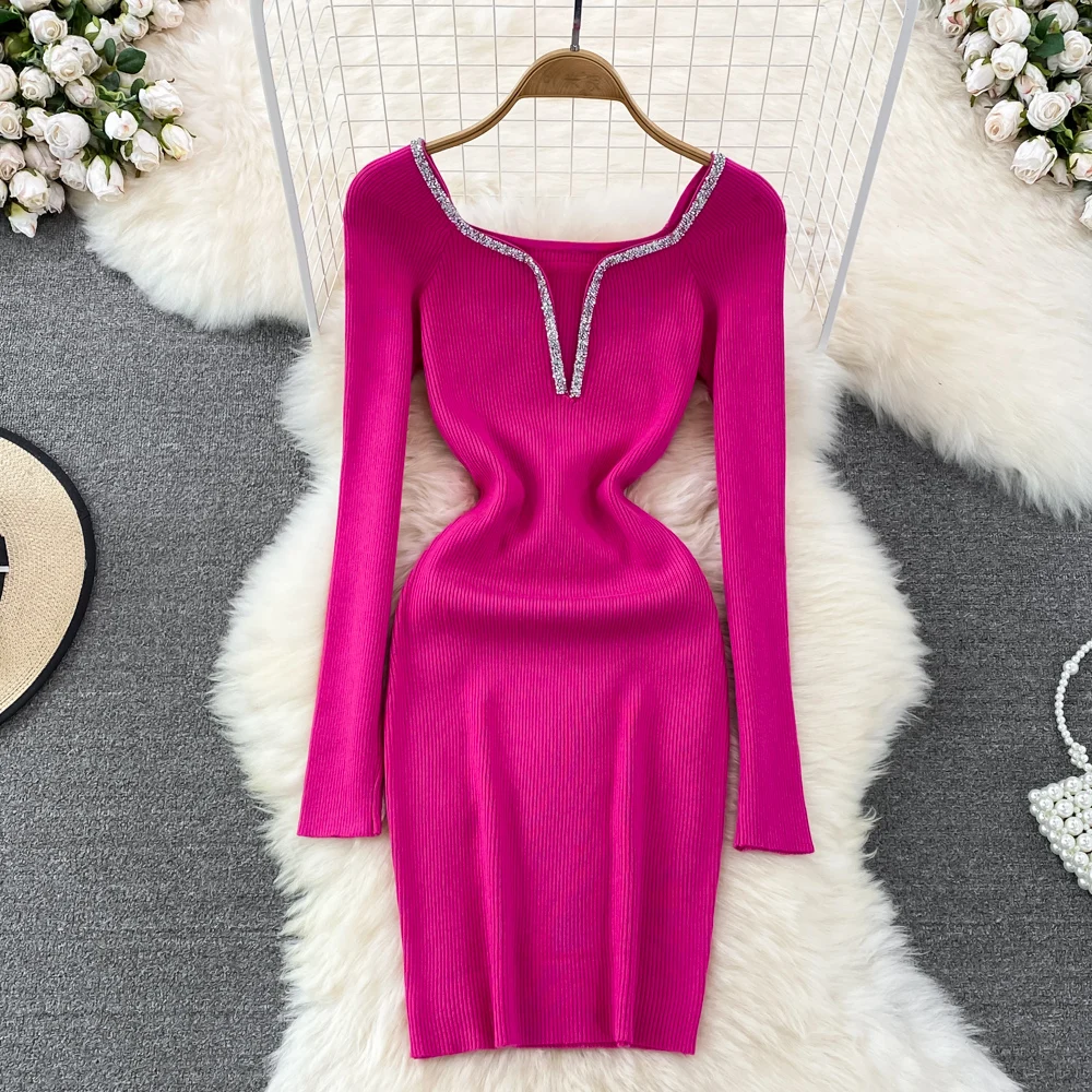 Elegante vestido ajustado elástico de manga larga con cuello en V y purpurina, vestido de tubo de punto a la moda Sexy, bata de fiesta de otoño e invierno