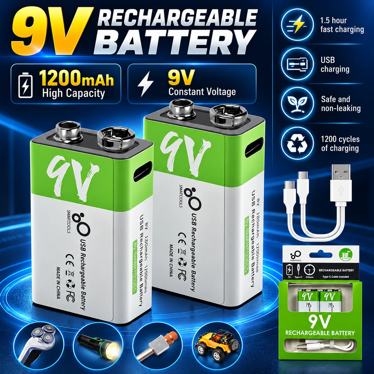 9V Rechargeable Lithium Ion Battery with Type-C USB for Multimeters, Microphones, Metal Detectors, Cable Remote Controls