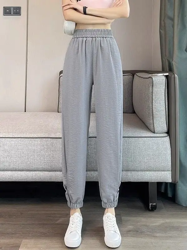 Ice Silk Cotton Linen Nine-Piece Pants Women's Summer New Loose Cuffed Sports Casual Harlan Pants High Waist Elastic Waist