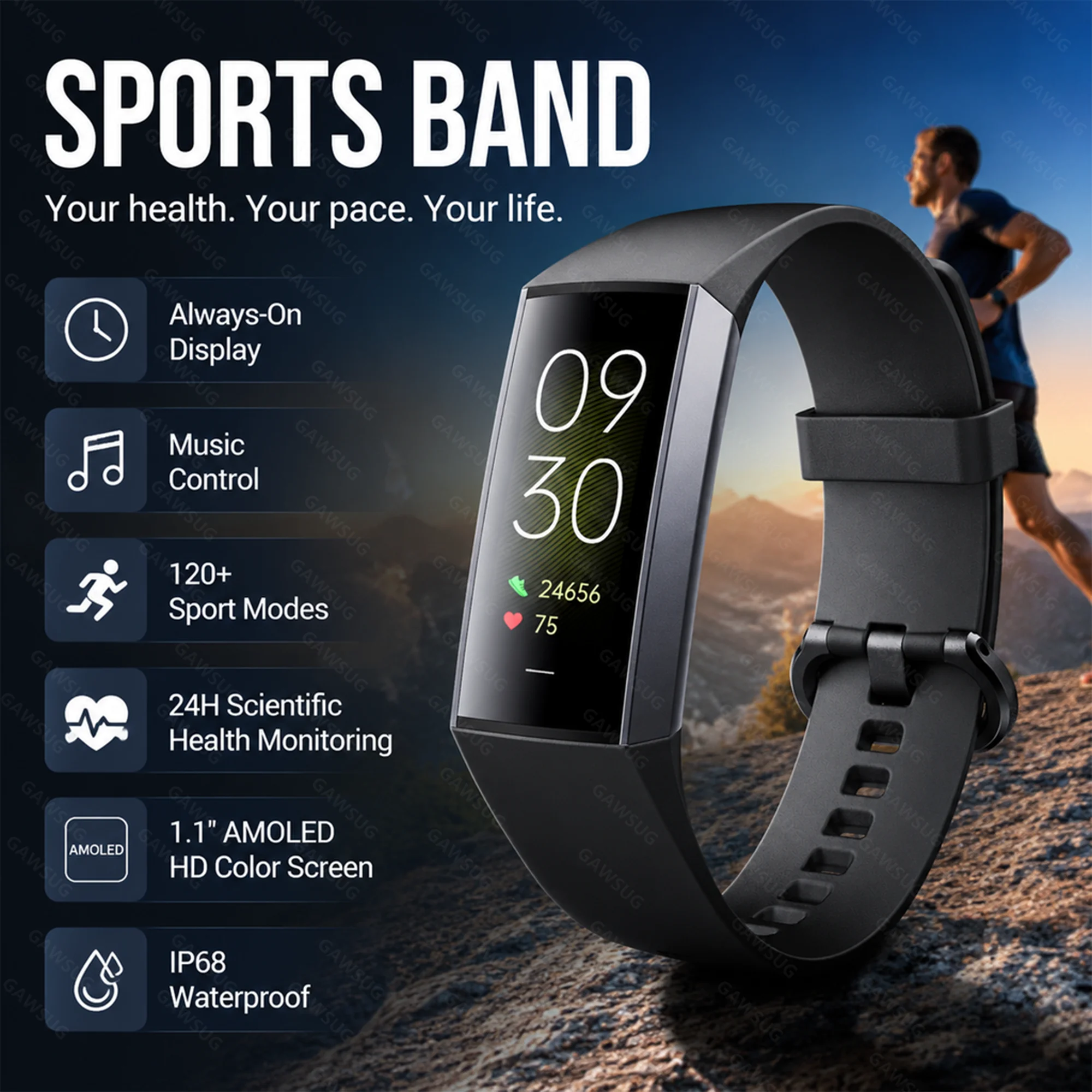 AMOLED Smart Watch Always-On Display Blood Pressure Temperature IP68 Waterproof Fitness Tracker USB Charge Men Women