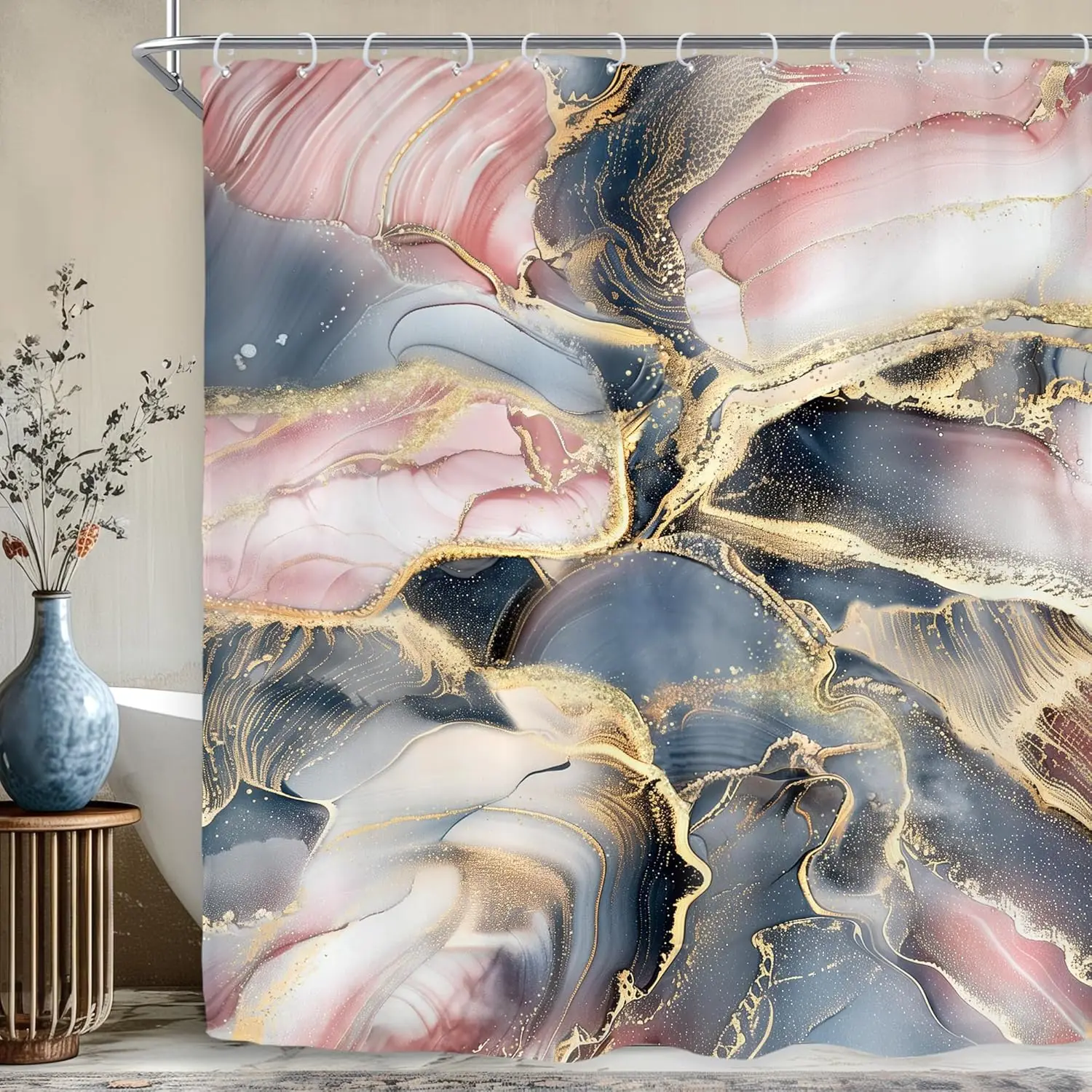 

Темно-синий, розовый, розовое золото, мрамор, абстрактная занавеска для душа для декора ванной комнаты, современный фиолетовый мрамор, омбре, роскошная текстура, геометрическая текстура
