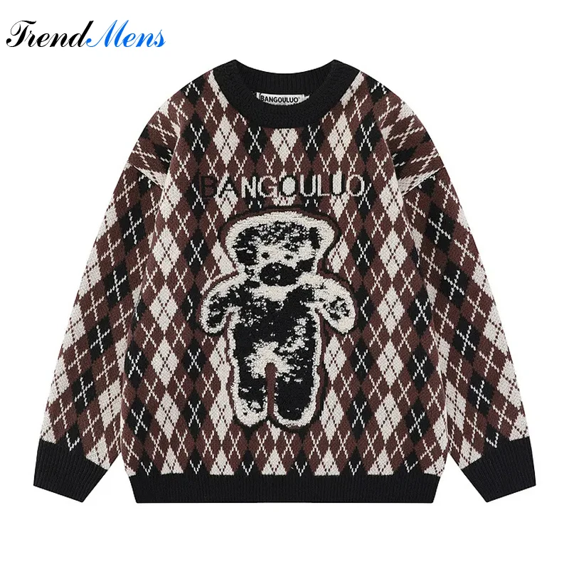 Street Fashion Casual Bear Pullover Letter Diamond Plaid Loose Sweater Couple College Style Cotton Comfortable Knit Sweater