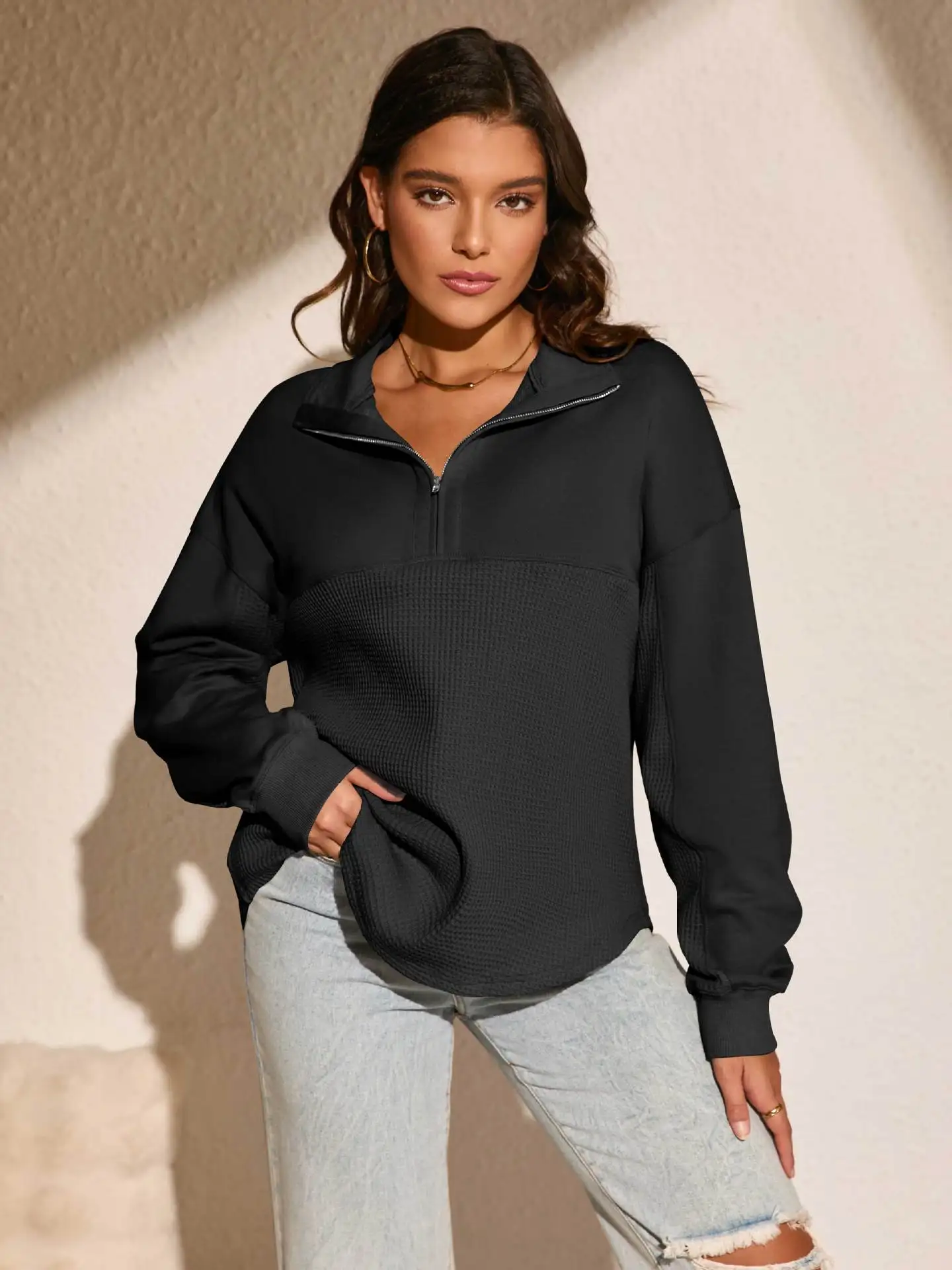 

New Women's Fashionable Solid Color Half-open Collar Zipper Autumn And Winter Loose Long-sleeved Sweatshirt For Women