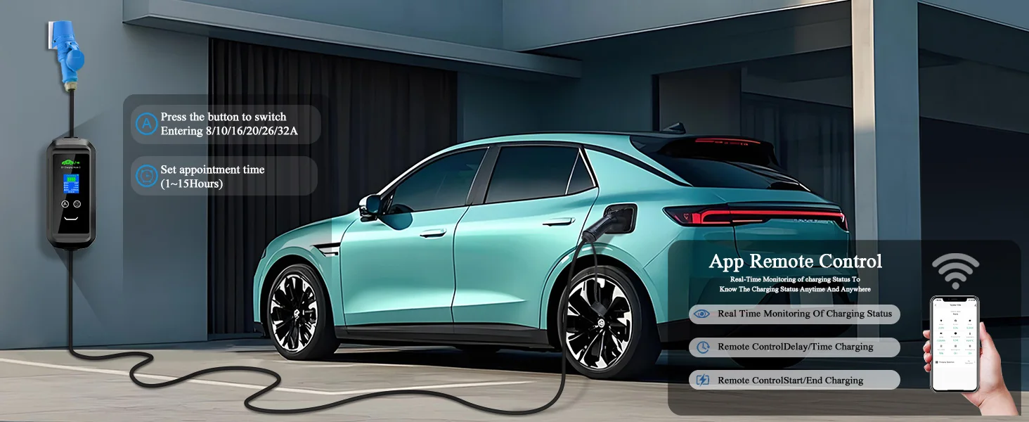 Kolanky Tragbares EV-Ladegerät Typ2 32A 7,2 kW EVSE Wi-Fi APP-Steuerung Einstellbarer Strom Smart Timing-Aufladung für Elektroauto 5M – Detail 3