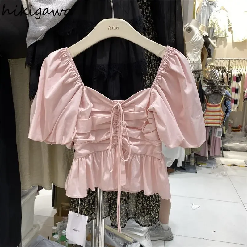 Sweet Crop Tops Summer Blouses for Women Puff Sleeve Square Collar Folds Shirts 2024 Blusas Mujer De Moda Bandage Ruffles Blouse