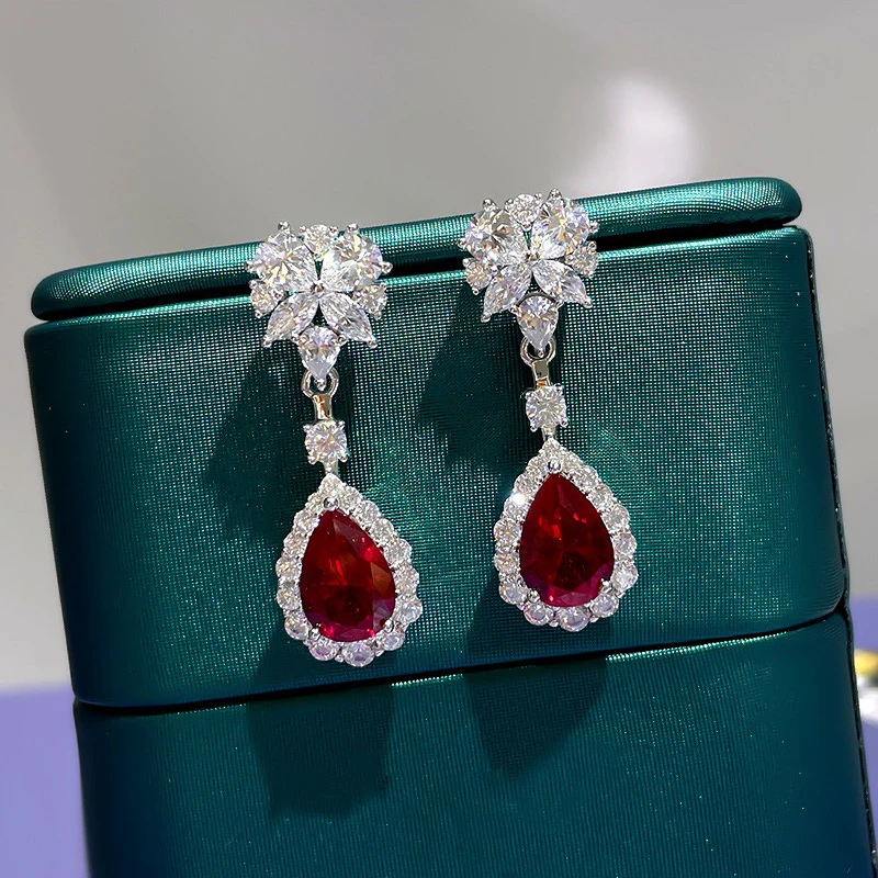 Huitan Bright Red CZ Dangle Earrings for Women Aesthetic Flower Design Bridal Wedding Earrings Anniversary Gift Trendy Jewelry