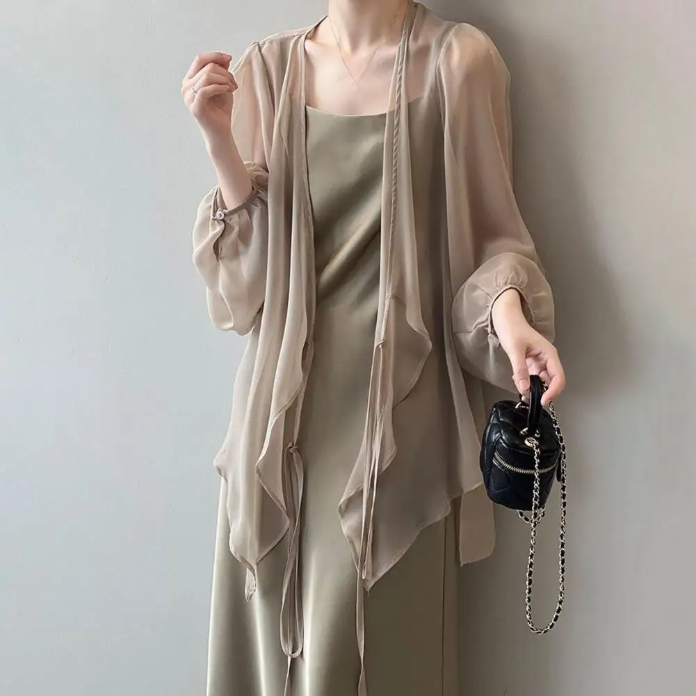 Summer Women Chiffon Sun Protection Cardigan V-neck Lantern Long Sleeve Chiffon Top See-through Lace-Up Irregular Hem Shawl Coat