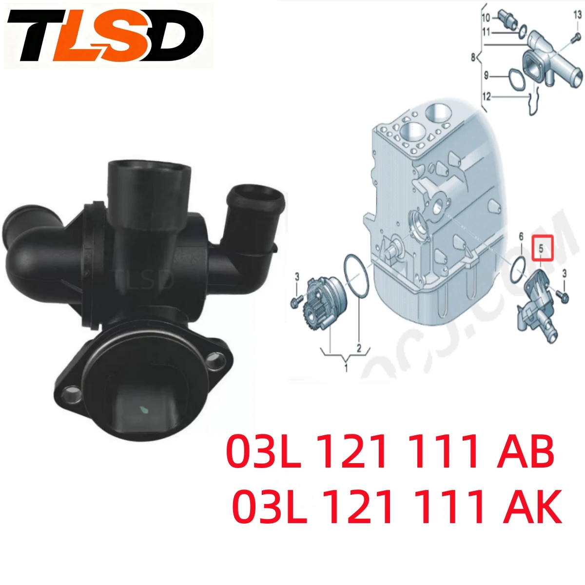 Engine Coolant Thermostat Housing Assembly 03L121111Ab 03L121111Ak.03L121111H. Suitable for Imported Volkswagen Amarok 2017-2022 Crafter 2012-2016