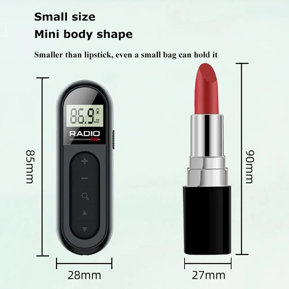 Ultra Compact Pocket FM Radio Receiver, 76-108MHz Broad Frequency Band, Bright Backlit LCD Screen for Night Use, Universal 3.5mm