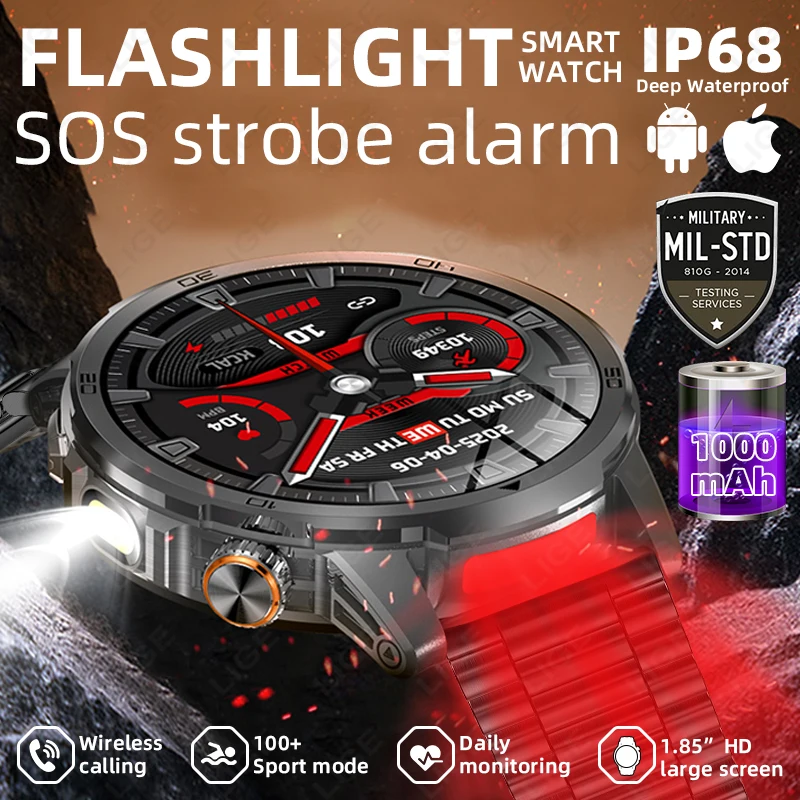 

LIGE New Military Grade 1000mAh Battery Smart Watch IP68 Waterproof Bluetooth Call 1.85" HD Large Screen Men Sports Smartwatches