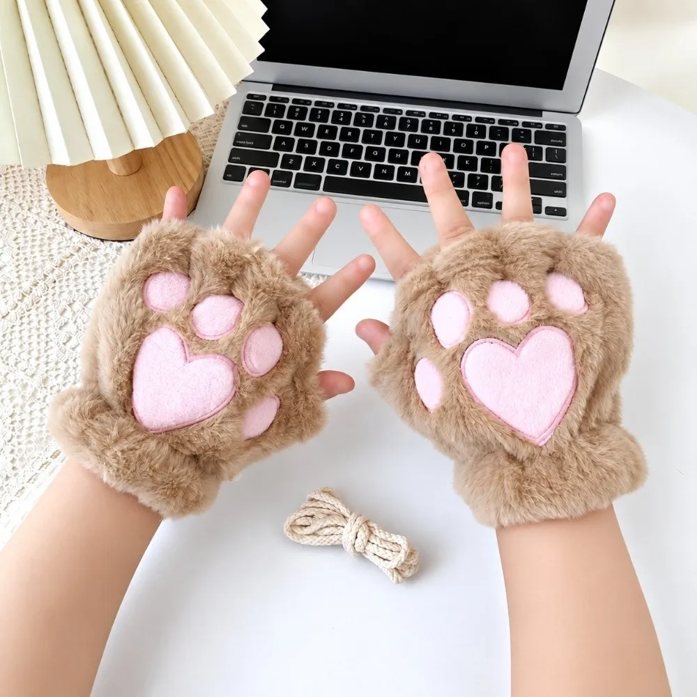 Cute Polyester Fuzzy Half Finger Gloves Thick Cold Proof Warm Winter Gloves One Size Bear Paw Gloves Writing