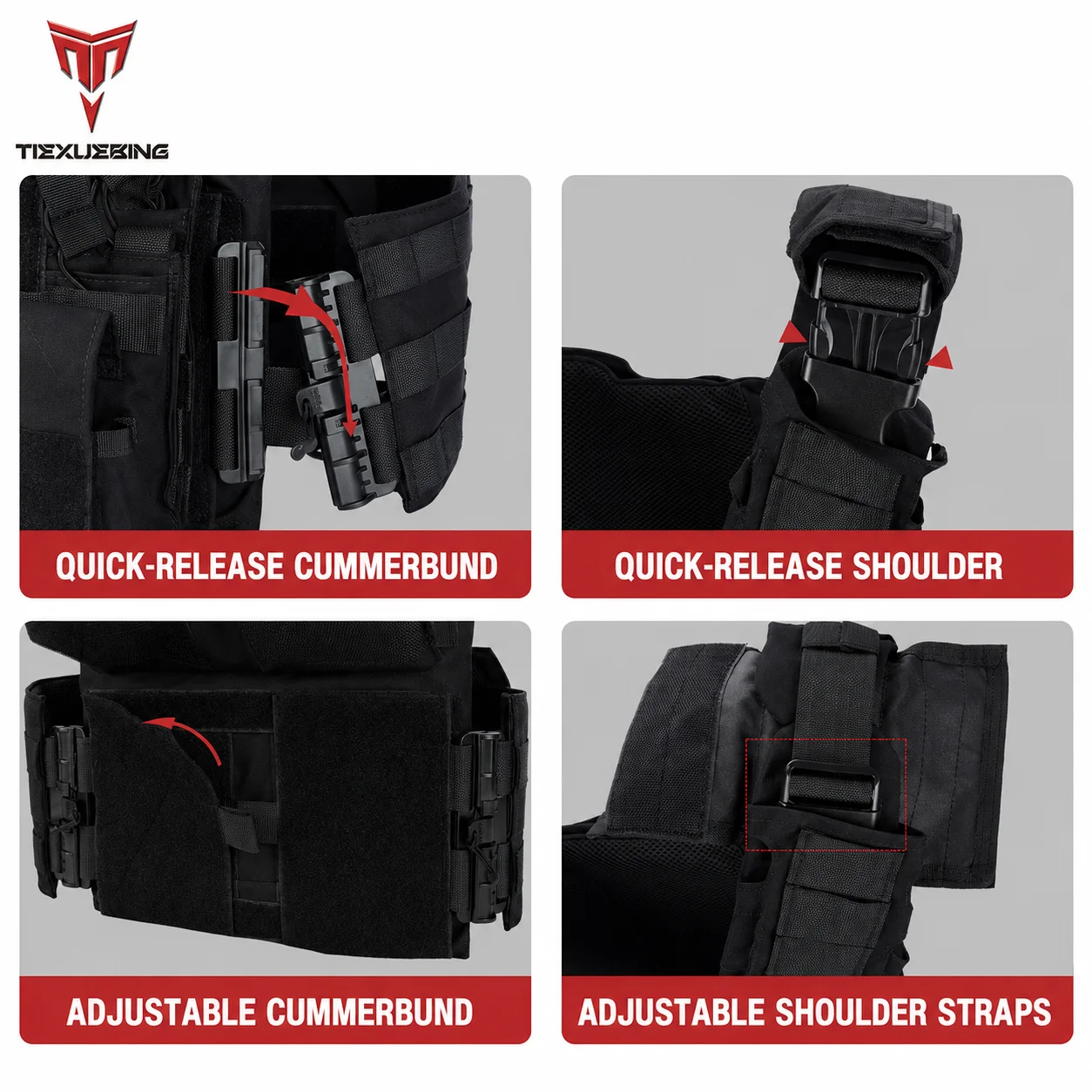TIEXUEBING Tactical Plate Carrier Vest 500D Nylon Quick Release MOLLE Storage Gear for Outdoor Cycling Hiking Training