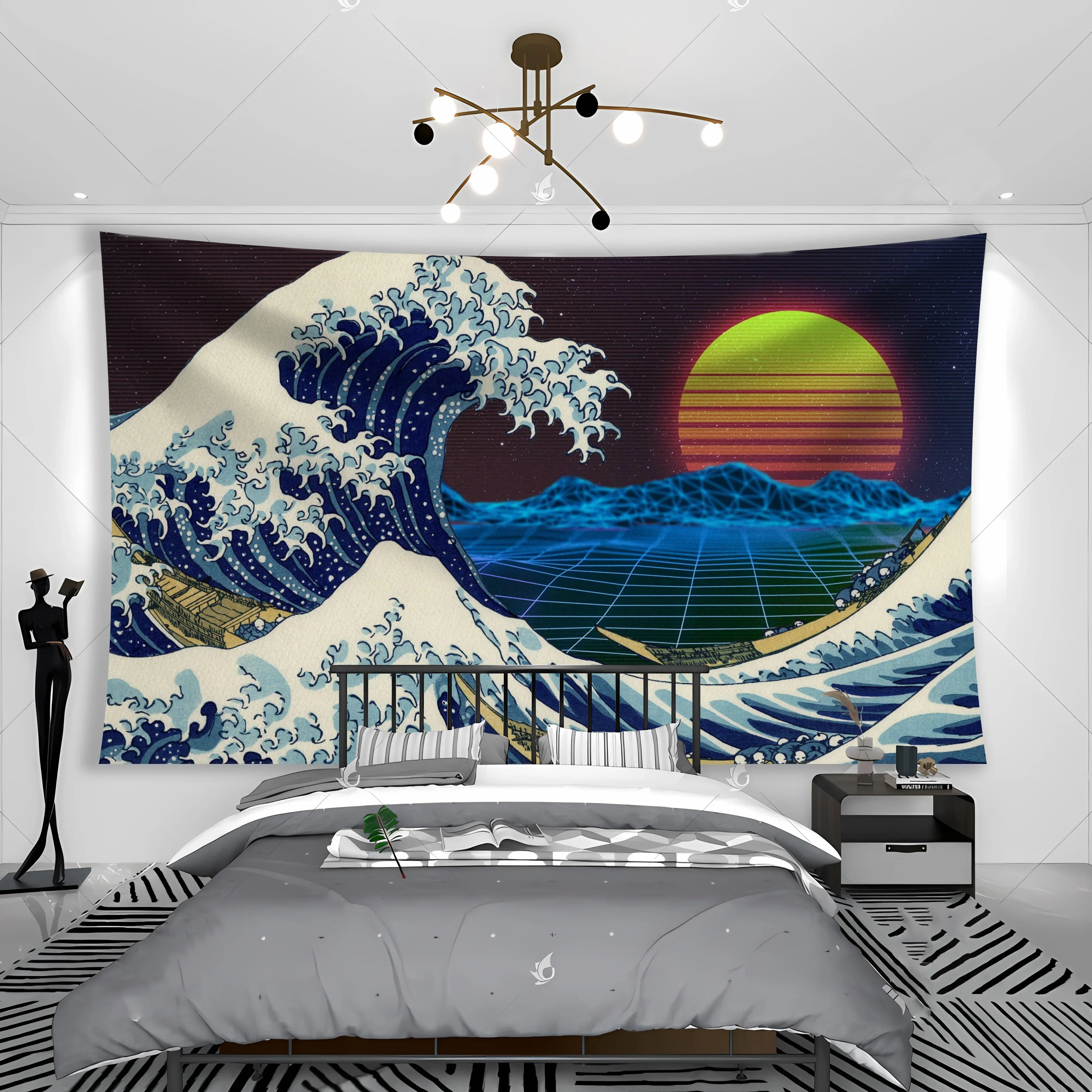 Kanagawa Giant Wave Aesthetic Wall Home Japanese Cuisine Kawaii Room Tapestry Decoration Polyester Material