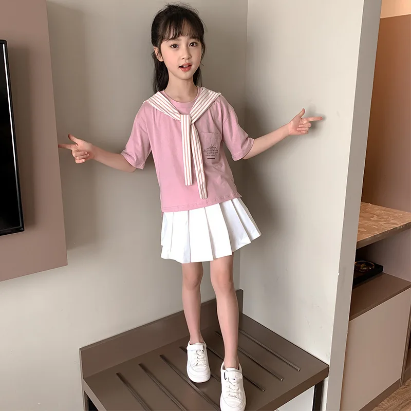 2024 Korean Summer School Girl 2PCS Clothes Set Teenager Girl Necktie Cotton T-shirt+Pleated Skirt Junior Girl Casual 2pcs Suit