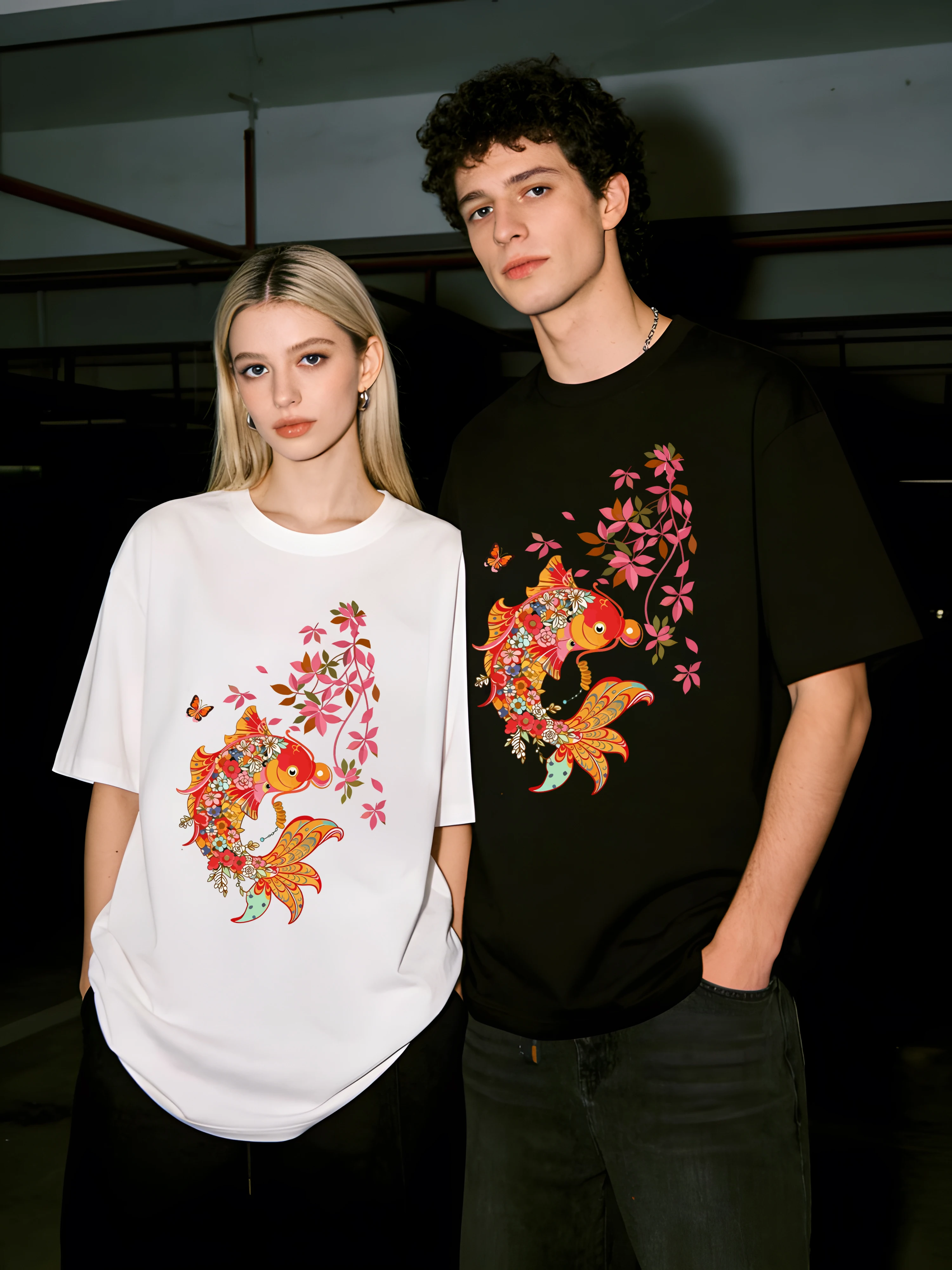 Koi Fish Composed Of Flowers Print Couple T-Shirts Cotton All-Match T Shirt O-Neck Tops Loose Unisex Summer Fashion Clothing