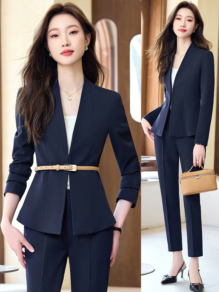 

Olive Green Suit Set Women's Spring Autumn Neckless Formal Outerwear High End Professional Managerial Workwear V-Neck Long Sl...