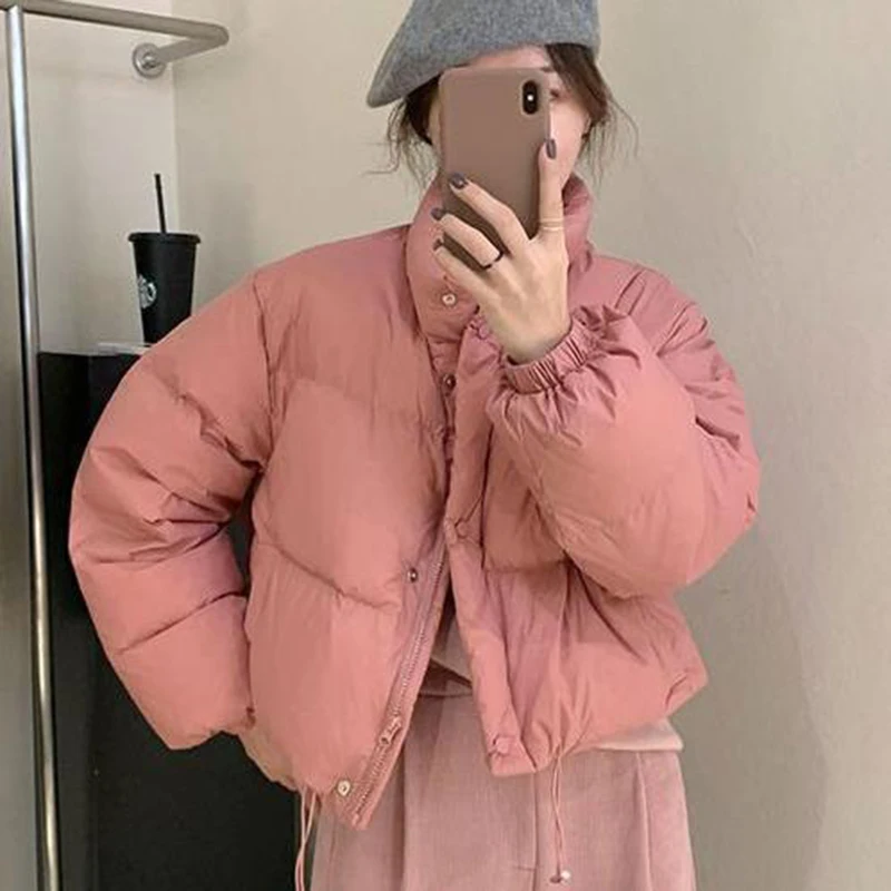 Rimocy 2024 Women\'s Pink Cropped Parka Winter Warm Stand Collar Puffy Jacket Women Korean Style Long Sleeve Cotton Padded Coat