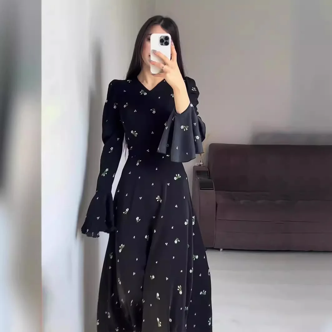 

2024 kaftan robe Lotus Leaf Sleeves Waist Wrapped Fragmented Flowers Gentle Style Long Dress Casual Office Lady Muslim's Dresses