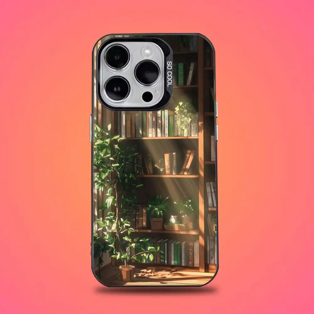 Kreative Bücherregal-Handyhülle für iPhone 16,15,14,13,12,11, Mini, Pro, E, SE4, XS, MAX, schwarze Candy-Matte-Abdeckung