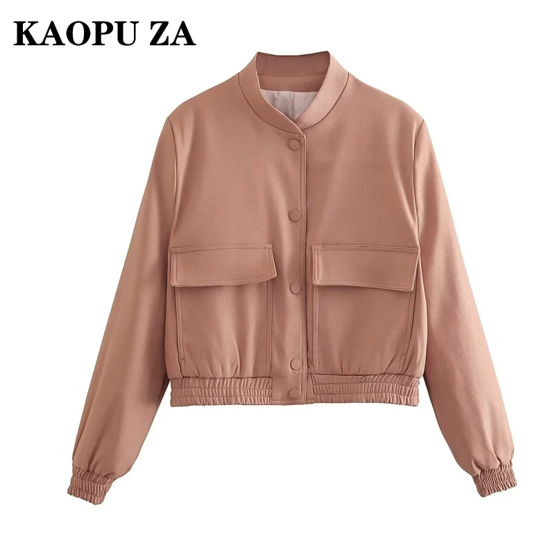 

KAOPU ZA 2024 New Autumn Ladies Fashionable Long Sleeve Bomber Jacket Women's Casual Single Breasted Stand Collar Outerwear with