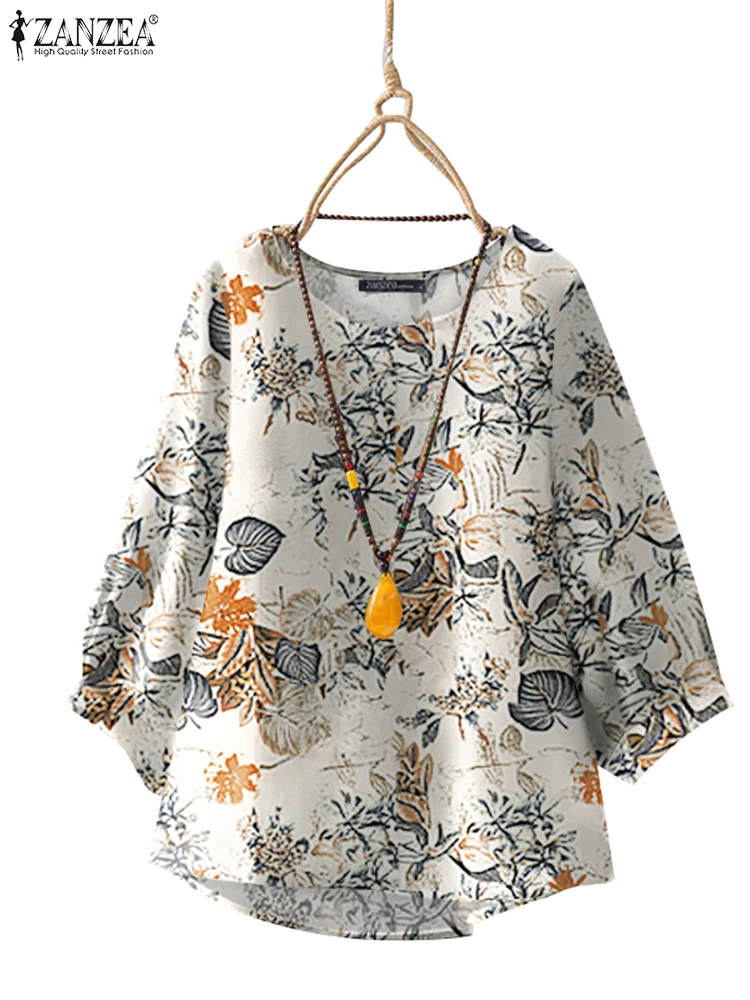 ZANZEA Women\'s Bohemian Floral Blouse Vintage 3/4 Sleeve Tops Casual Loose Fit Cotton Shirt 2025 Spring Lightweight Tunic Tops